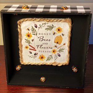 NEW Honey Bees and Flowers Please shelf sitter tier tray decoration black white